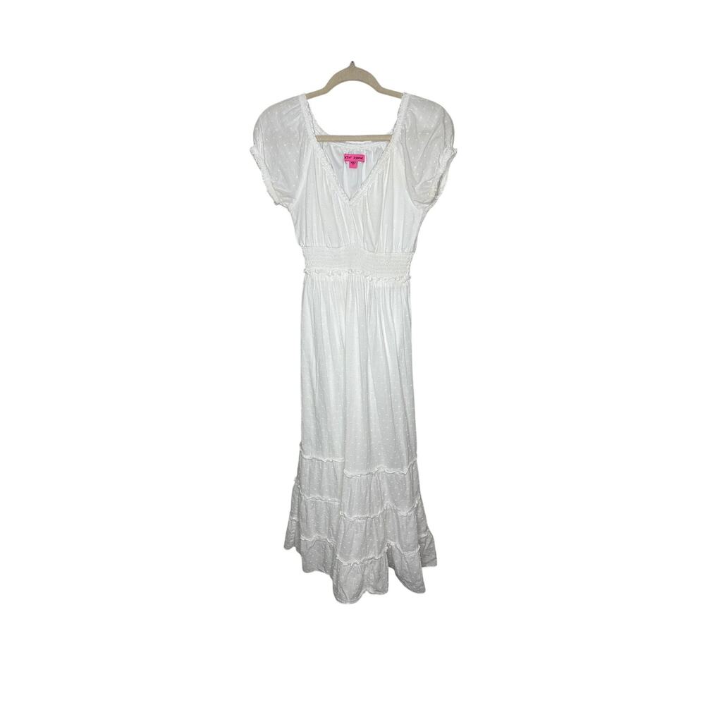 Betsey Johnson Dress Womens S White Swiss Dot Maxi 4-Tiered V-Neck Puff Sleeve
